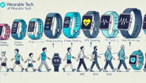 the evolution of wearable tech, from early fitness trackers to advanced smartwatches with health features like heart rate monitoring and ECG capabilities.