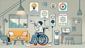 various assistive devices for daily living, including a smart wheelchair and voice-activated controls in a smart home setting.