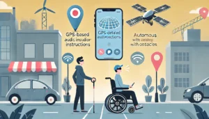 mobility and navigation innovations, including GPS-based apps for audio guidance, smart canes with obstacle detection, and autonomous wheelchairs.