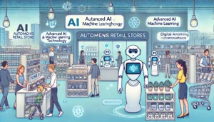 the future of autonomous retail stores, featuring advanced AI, robots, and digital assistants helping customers in a futuristic setting. 