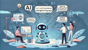 AI's role in preserving endangered languages, with chatbots interacting in endangered languages and machine learning algorithms analyzing speech patterns.