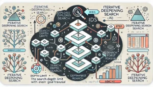 Iterative Deepening Search (IDS) with a tree structure and increasing depth limits, illustrating the systematic process of reaching the goal.