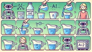 the Water Jug Problem, showing two jugs of different sizes and steps like filling, emptying, and transferring water to measure a specific amount.