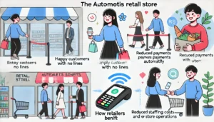 the benefits of autonomous retail stores. The images highlight customer convenience with no lines and the retailer's advantage of reduced staffing costs and efficient operations.