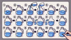 the steps to solve the Water Jug Problem, showing each action like filling, emptying, or transferring water to reach a target amount.