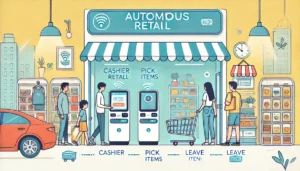 an autonomous retail store, where customers pick items and leave without waiting in line, as the technology handles payments seamlessly.