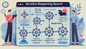 Iterative Deepening Search (IDS), showing the step-by-step depth increases and depth-first exploration toward the goal.