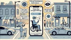 assistance technologies, such as AI-powered apps that describe surroundings, read texts aloud, and help with navigation for visually impaired individuals.