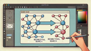 an example of Bidirectional Search, with two searches from nodes A and G meeting at node D to find the shortest path efficiently.