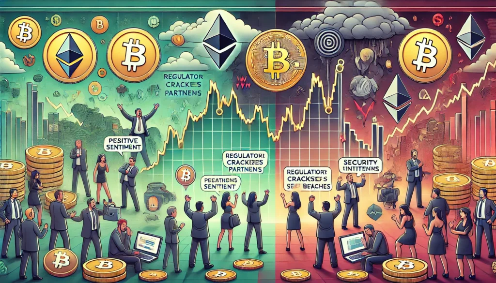 the effects of market sentiment on cryptocurrency demand, contrasting positive and negative scenarios.