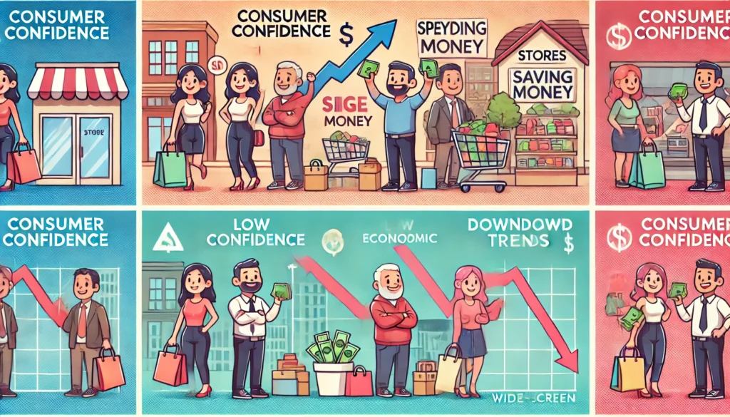 consumer confidence and its influence on the economy, contrasting scenarios of high and low confidence. 