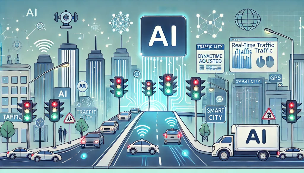 how AI is transforming traffic management, optimizing signals and routes in a futuristic cityscape. 