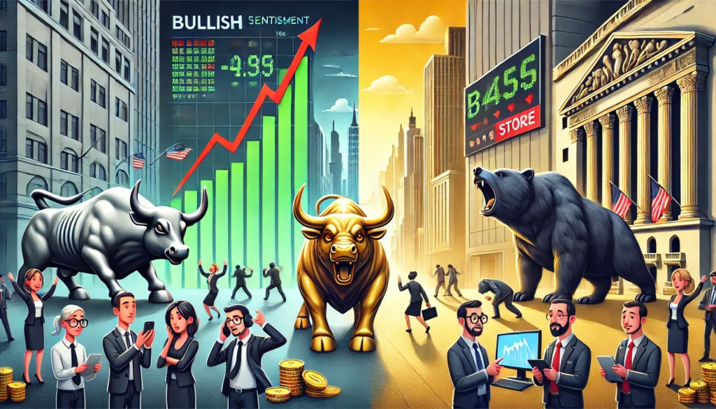 investor sentiment in financial markets, contrasting bullish optimism and bearish pessimism. 