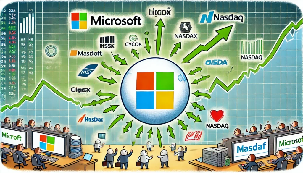 the impact of Microsoft's stock performance on the overall market, emphasizing its influence on the tech sector and indexes like Nasdaq.